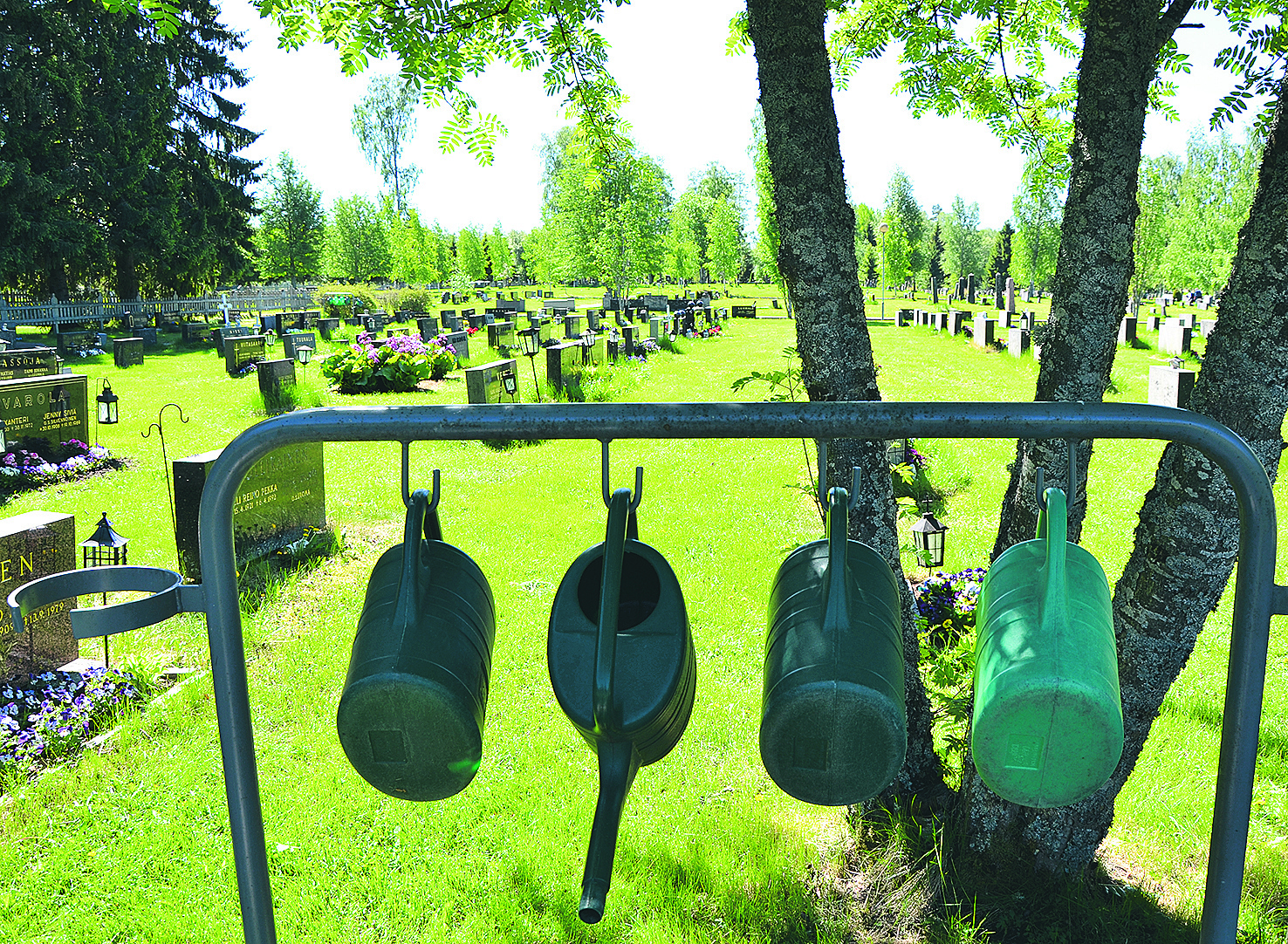 Kesäisen hautausmaan huoltokaiteella roikkuu vihreitä kastelukannuja.