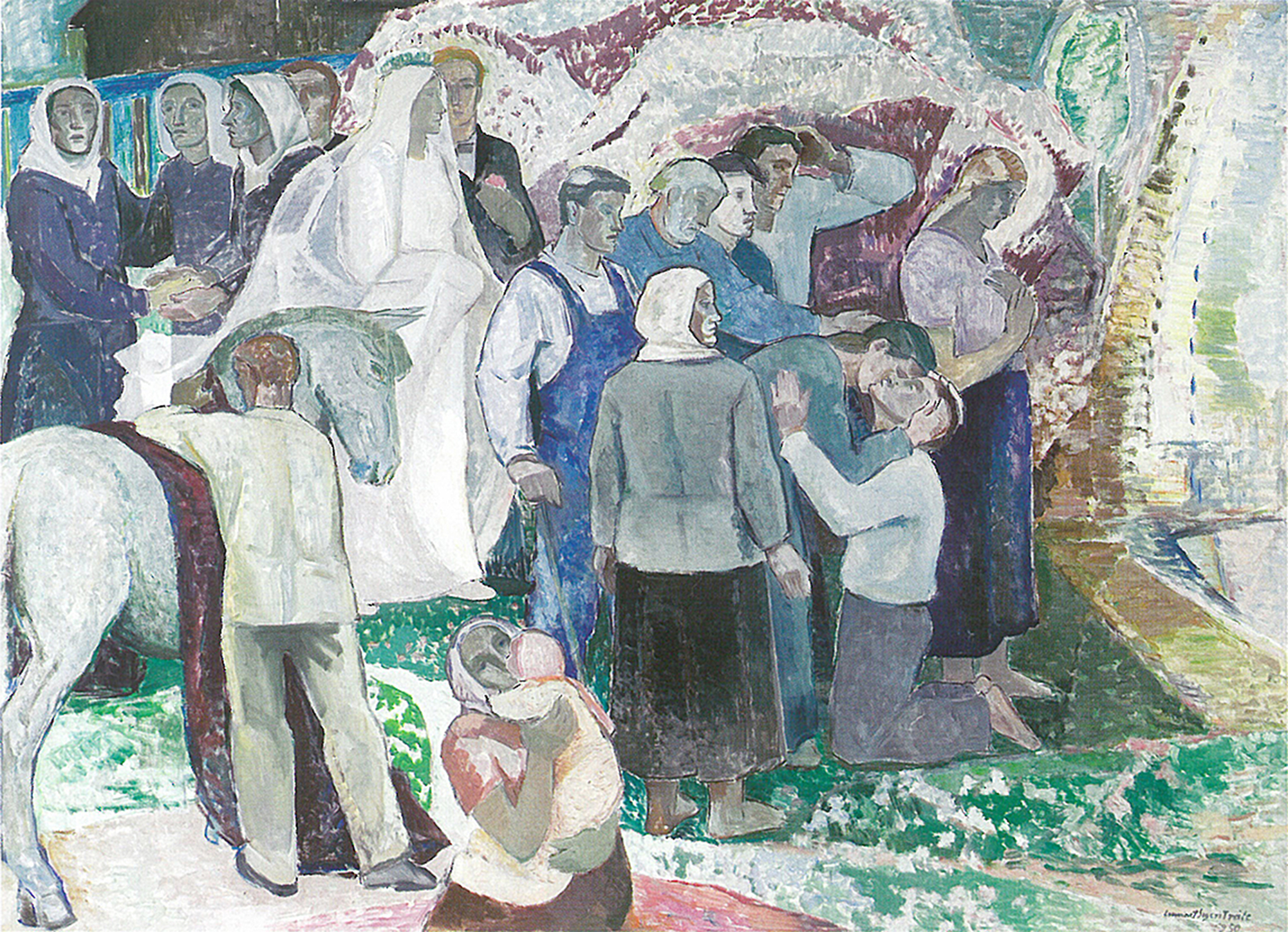 Lennart Segerstrålen maalaus "Elämän lähde",ihmisjoukon keskellä mies polvillaan.