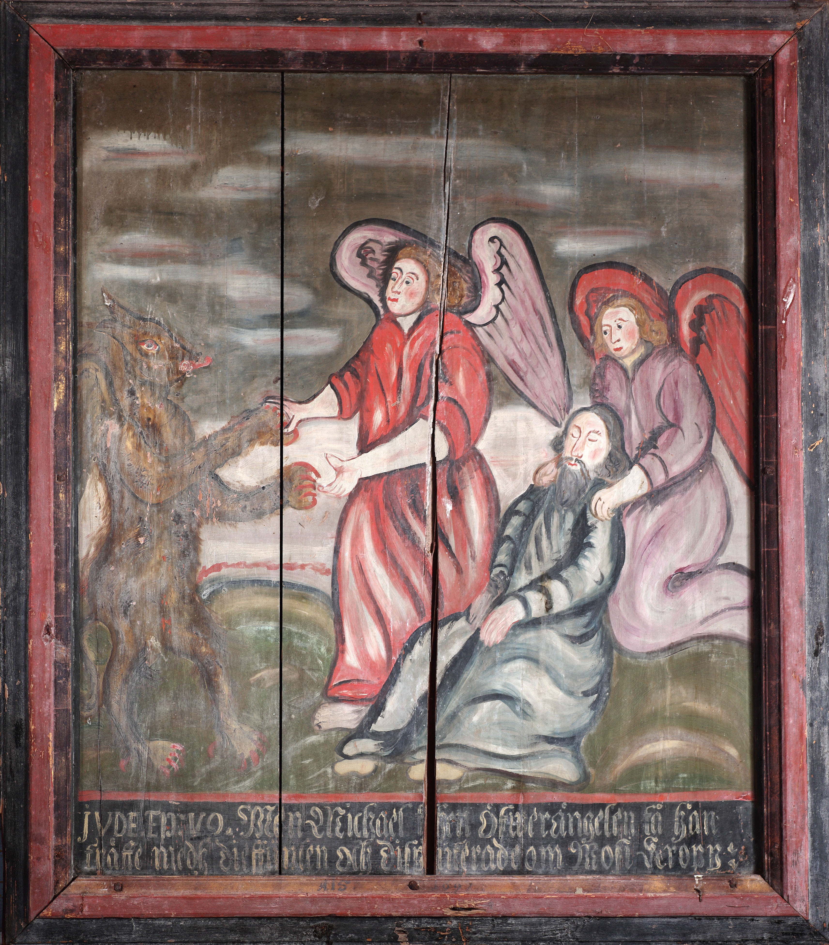Tankarin kirkon taulu, joka kuvaa, miten arkkienkeli Mikael taistelee Perkeleen kanssa Mooseksen ruumiista.