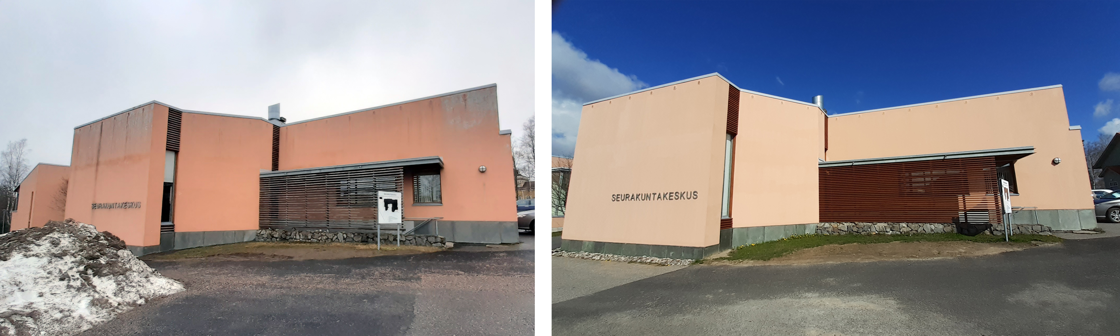 Kaustisen seurakuntakeskus ennen ja jälkeen kunnostuksen.
